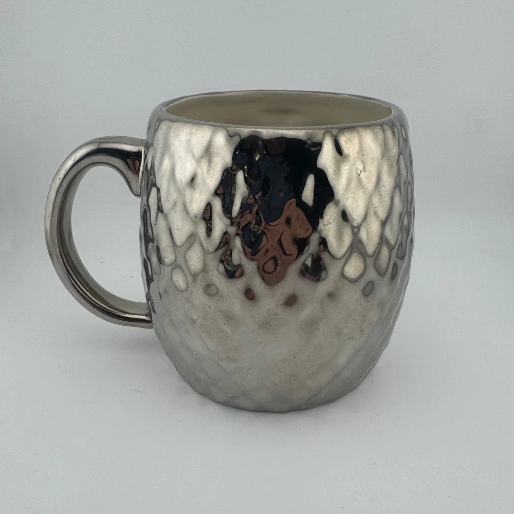 West Elm Owl Coffee Mug Metallic Silver Ceramic Textured Hammered Cup‎